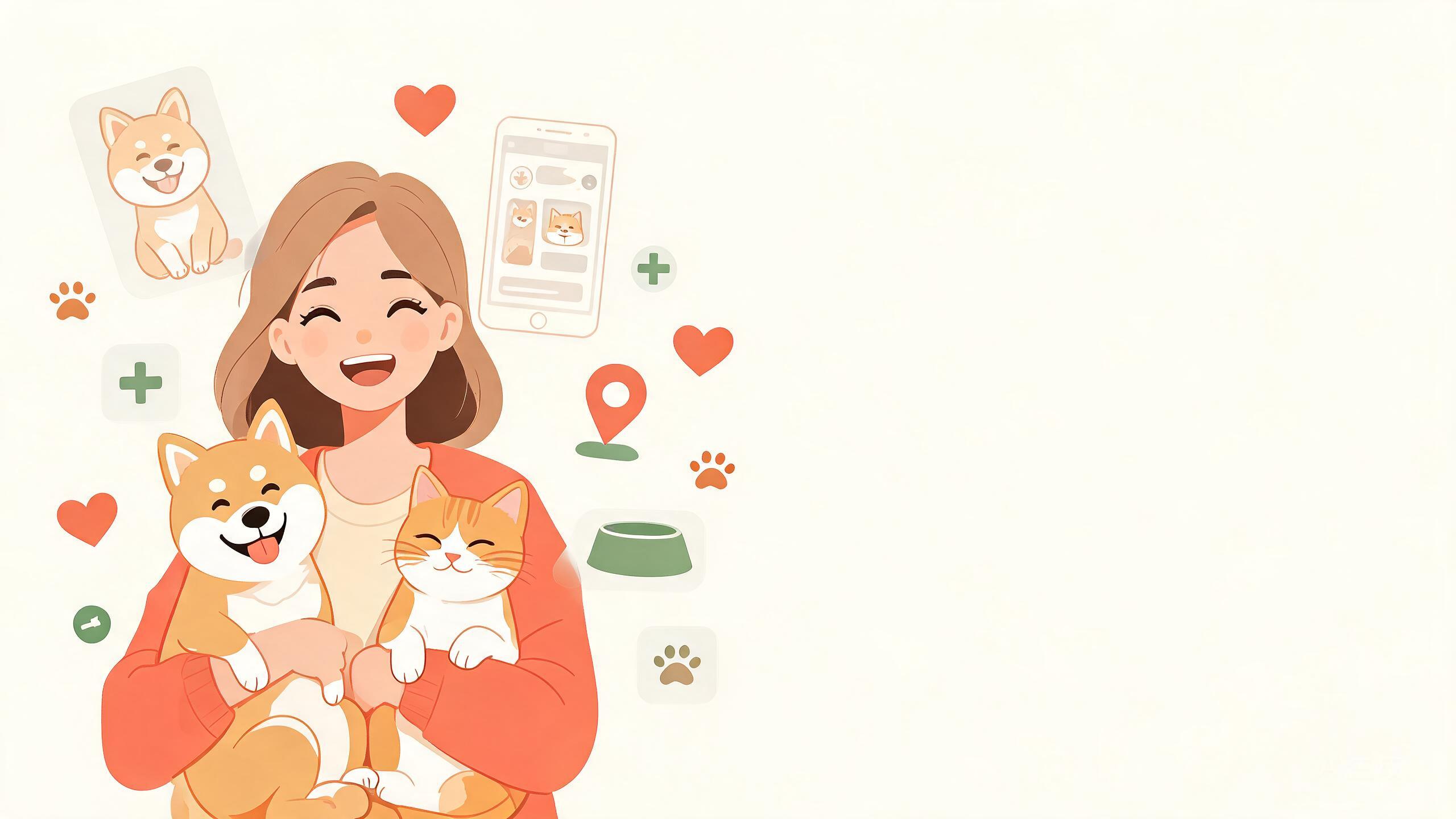 一位养宠人抱着柴犬与猫，周围是养宠服务图标